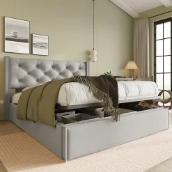 Redom Lit 160x200 cm avec coffre de rangement et tête rembourrée en coton gris clair, cadre bois massif* Lit Avec Rangement