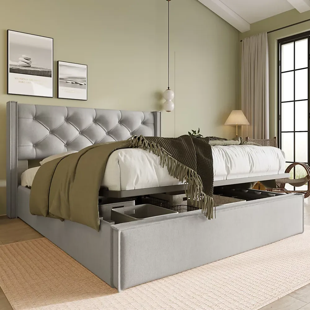 Redom Lit 160x200 cm avec coffre de rangement et tête rembourrée en coton gris clair, cadre bois massif* Lit Avec Rangement