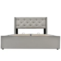 Redom Lit 160x200 cm avec coffre de rangement et tête rembourrée en coton gris clair, cadre bois massif* Lit Avec Rangement