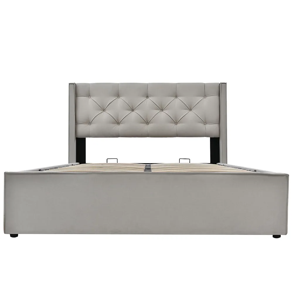 Redom Lit 160x200 cm avec coffre de rangement et tête rembourrée en coton gris clair, cadre bois massif* Lit Avec Rangement