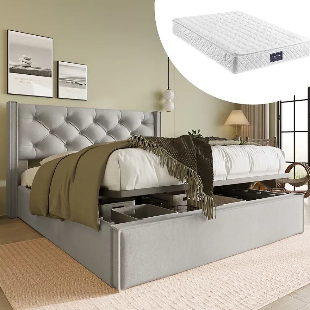 Redom Lit 160x200 cm avec coffre de rangement et tête rembourrée en coton gris clair, cadre bois massif* Lit Avec Rangement