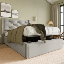 Lit 90x200 cm avec coffre de rangement, tête de lit matelassée en coton gris clair et sommier à lattes>Redom New