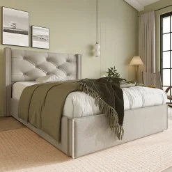 Lit 90x200 cm avec coffre de rangement, tête de lit matelassée en coton gris clair et sommier à lattes>Redom New