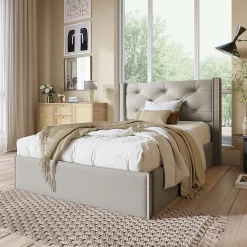 Lit 90x200 cm avec coffre de rangement, tête de lit matelassée en coton gris clair et sommier à lattes><noscript><img width=