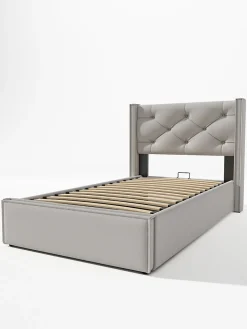 Lit 90x200 cm avec coffre de rangement, tête de lit matelassée en coton gris clair et sommier à lattes><noscript><img width=