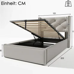 Lit 90x200 cm avec coffre de rangement, tête de lit matelassée en coton gris clair et sommier à lattes><noscript><img width=