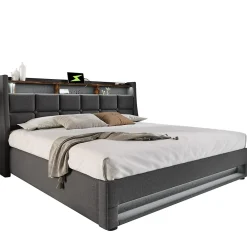 Lit 180x200 cm avec coffre de rangement et sommier relevable, tête de lit tapissée lin gris et LED>Redom New