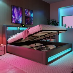 Lit 180x200 cm avec coffre de rangement et sommier relevable, tête de lit tapissée lin gris et LED><noscript><img width=