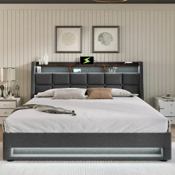 Lit 180x200 cm avec coffre de rangement et sommier relevable, tête de lit tapissée lin gris et LED><noscript><img width=