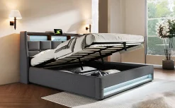 Lit 180x200 cm avec coffre de rangement et sommier relevable, tête de lit tapissée lin gris et LED><noscript><img width=