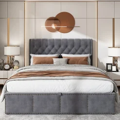 Lit 160x200 cm avec coffre de rangement et tête tapissée en velours gris, clous décoratifs, design minimaliste>Redom New