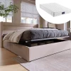 Redom Lit 140x200 cm avec coffre de rangement hydraulique et tête de lit capitonnée en lin beige, design moderne* Lit Avec Rangement