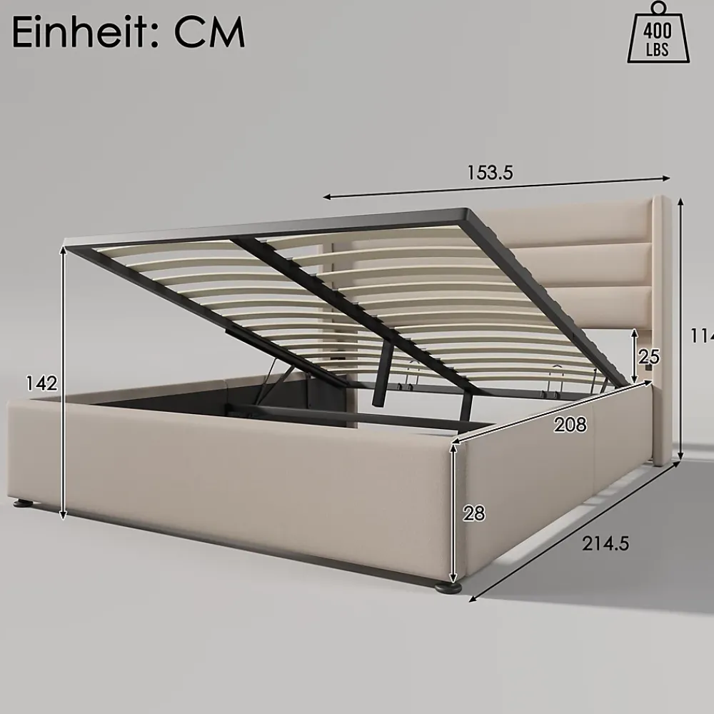 Redom Lit 140x200 cm avec coffre de rangement hydraulique et tête de lit capitonnée en lin beige, design moderne* Lit Avec Rangement