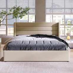 Redom Lit 140x200 cm avec coffre de rangement hydraulique et tête de lit capitonnée en lin beige, design moderne* Lit Avec Rangement