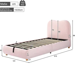 Redom Lit 90x200 cm avec coffre de rangement, tête de lit matelassée 11 cm en velours rose, cadre sécurisé enfant* Lit Avec Rangement