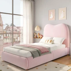 Redom Lit 90x200 cm avec coffre de rangement, tête de lit matelassée 11 cm en velours rose, cadre sécurisé enfant* Lit Avec Rangement