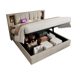 Lit 180x200 cm avec coffre et sommier relevable, tête de lit à niches tapissée lin naturel, style moderne>Redom Sale