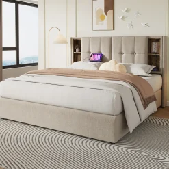Lit 180x200 cm avec coffre et sommier relevable, tête de lit à niches tapissée lin naturel, style moderne>Redom Sale