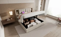 Lit 180x200 cm avec coffre et sommier relevable, tête de lit à niches tapissée lin naturel, style moderne><noscript><img width=