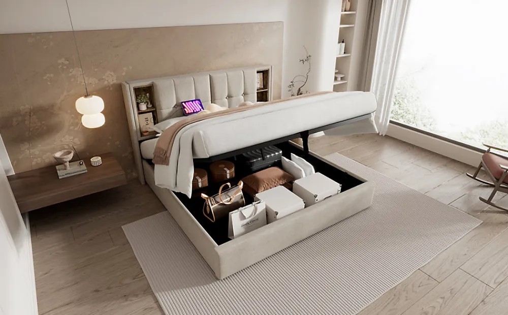 Lit 180x200 cm avec coffre et sommier relevable, tête de lit à niches tapissée lin naturel, style moderne>Redom Sale