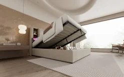 Lit 180x200 cm avec coffre et sommier relevable, tête de lit à niches tapissée lin naturel, style moderne><noscript><img width=