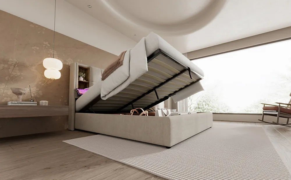 Lit 180x200 cm avec coffre et sommier relevable, tête de lit à niches tapissée lin naturel, style moderne>Redom Sale