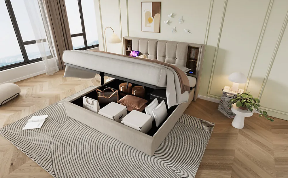 Lit 180x200 cm avec coffre et sommier relevable, tête de lit à niches tapissée lin naturel, style moderne>Redom Sale