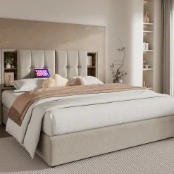 Lit 180x200 cm avec coffre et sommier relevable, tête de lit à niches tapissée lin naturel, style moderne><noscript><img width=