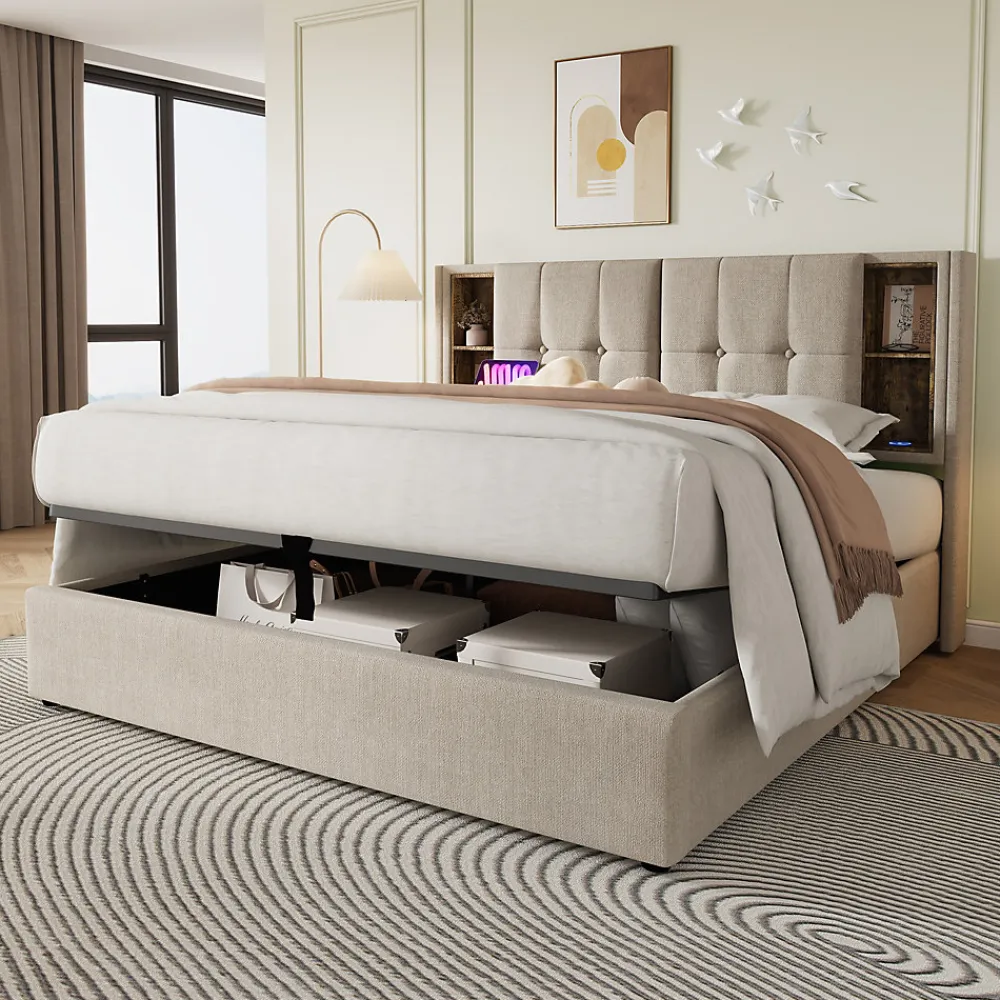 Lit 180x200 cm avec coffre et sommier relevable, tête de lit à niches tapissée lin naturel, style moderne>Redom Sale