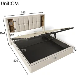 Lit 180x200 cm avec coffre et sommier relevable, tête de lit à niches tapissée lin naturel, style moderne><noscript><img width=
