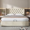 Lit 160x200 cm avec coffre et tête de lit haute capitonnée style Chesterfield en velours beige, cadre solide>Redom Best