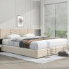 Redom Lit 160x200 cm avec coffre hydraulique et tête de lit réglable, tapissé velours beige, design contemporain* Lit Avec Rangement