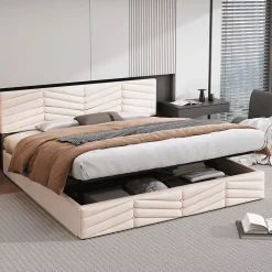 Redom Lit 160x200 cm avec coffre hydraulique et tête de lit réglable, tapissé velours beige, design contemporain* Lit Avec Rangement
