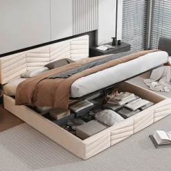 Redom Lit 160x200 cm avec coffre hydraulique et tête de lit réglable, tapissé velours beige, design contemporain* Lit Avec Rangement