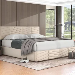 Redom Lit 160x200 cm avec coffre hydraulique et tête de lit réglable, tapissé velours beige, design contemporain* Lit Avec Rangement