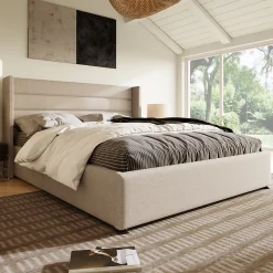 Lit 160x200 cm avec coffre hydraulique et tête de lit rembourrée en lin beige, design moderne>Redom Sale