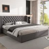 Lit 160x200 cm avec coffre hydraulique et tête de lit capitonnée en velours gris>Redom Discount
