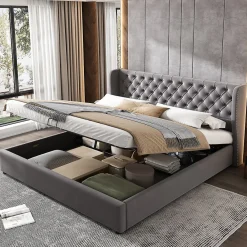 Lit 160x200 cm avec coffre hydraulique et tête de lit capitonnée en velours gris>Redom Discount