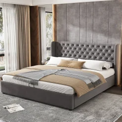 Lit 160x200 cm avec coffre hydraulique et tête de lit capitonnée en velours gris><noscript><img width=