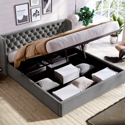 Lit 160x200 cm avec coffre hydraulique et tête de lit capitonnée en velours gris><noscript><img width=