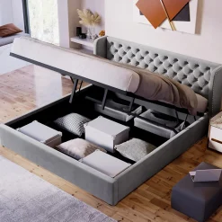 Lit 160x200 cm avec coffre hydraulique et tête de lit capitonnée en velours gris><noscript><img width=