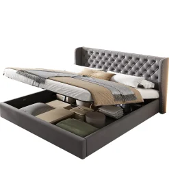 Lit 160x200 cm avec coffre hydraulique et tête de lit capitonnée en velours gris><noscript><img width=