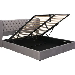 Lit 160x200 cm avec coffre hydraulique et tête de lit capitonnée en velours gris><noscript><img width=