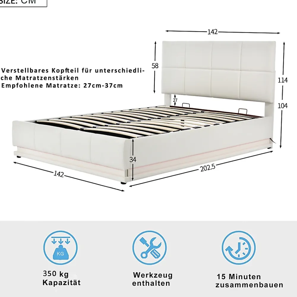Redom Lit 140x200 cm avec coffre hydraulique et éclairage LED, tête et cadre tapissés similicuir blanc contemporain* Lit Avec Rangement