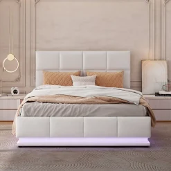 Redom Lit 140x200 cm avec coffre hydraulique et éclairage LED, tête et cadre tapissés similicuir blanc contemporain* Lit Avec Rangement