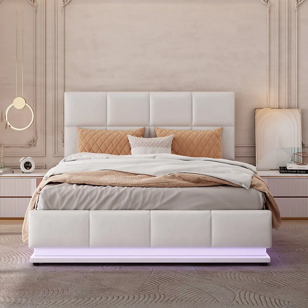 Redom Lit 140x200 cm avec coffre hydraulique et éclairage LED, tête et cadre tapissés similicuir blanc contemporain* Lit Avec Rangement