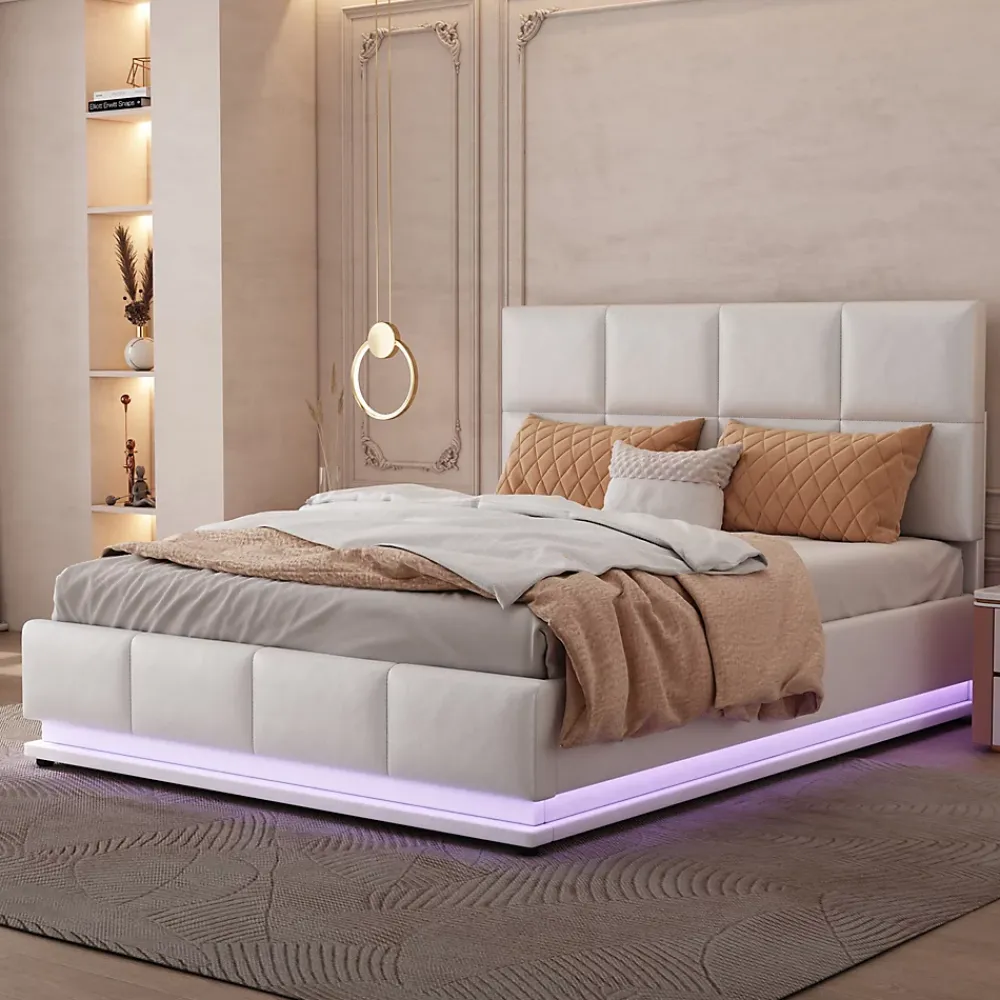 Redom Lit 140x200 cm avec coffre hydraulique et éclairage LED, tête et cadre tapissés similicuir blanc contemporain* Lit Avec Rangement