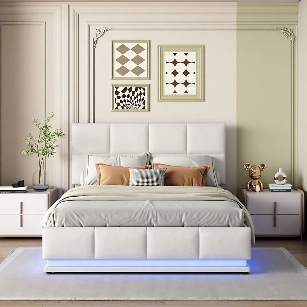 Redom Lit 140x200 cm avec coffre hydraulique et éclairage LED, tête et cadre tapissés similicuir blanc contemporain* Lit Avec Rangement