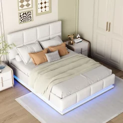 Redom Lit 140x200 cm avec coffre hydraulique et éclairage LED, tête et cadre tapissés similicuir blanc contemporain* Lit Avec Rangement