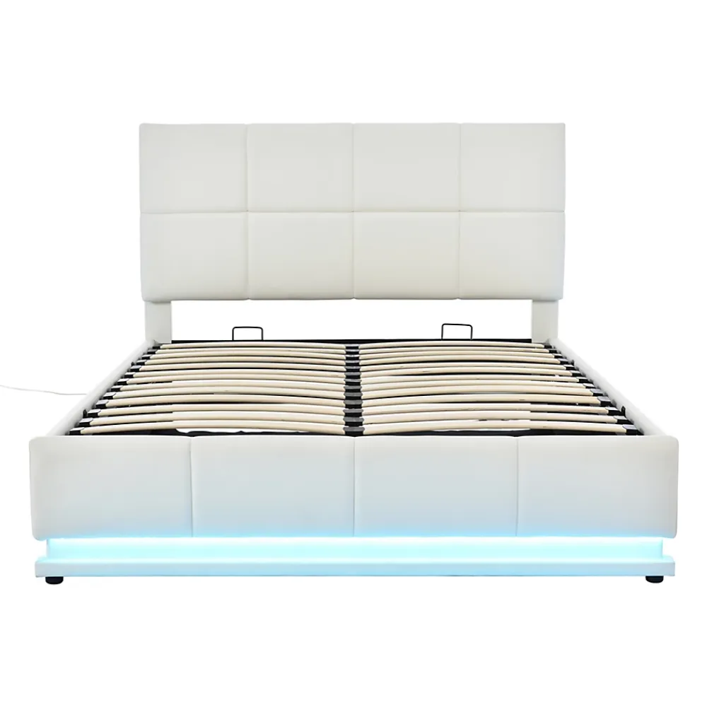 Redom Lit 140x200 cm avec coffre hydraulique et éclairage LED, tête et cadre tapissés similicuir blanc contemporain* Lit Avec Rangement